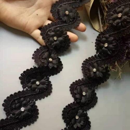 10pcs/lot Soluble Black Pearl Flowers Polyester Embroidered Lace Trim Ribbon Handmade Sewing Craft For Costume Hat Decoration