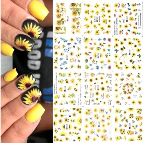 12 styles Spring series Yellow Sunflower Nail Art Watermark Stickers Sliders Floral Nail Art Tattoo Decal Gel Polish Accesoires