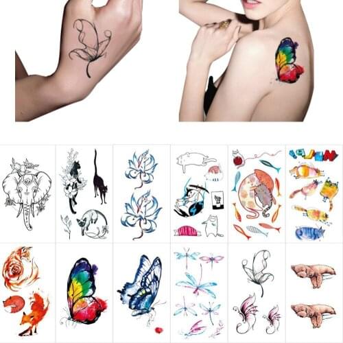 3 Sheet 3D Cute Elephant Dog Fox Waterproof Temporary Tattoo Colored Butterfly Tatto Stickers Flash Tatoo Fake Tattoos #282060