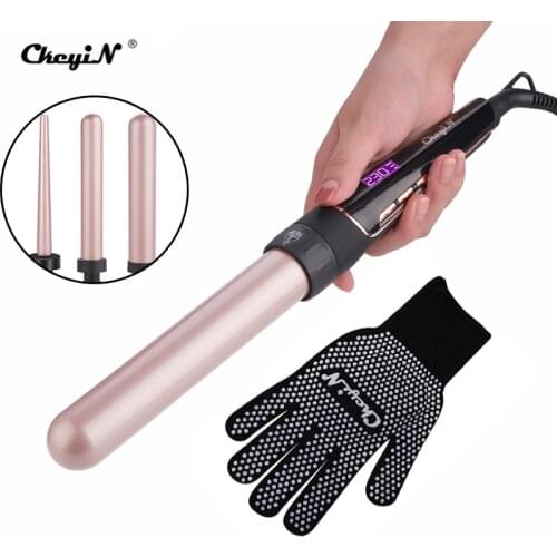 3 in 1 LCD Curlers Conical Curling Iron Pear Flower Cone Electric Curling Wand Tong Hair Curly Hair Waver Large Wave Set Glove