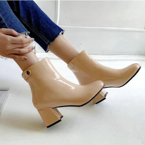 New Series Patent Leather Leather Women Ankle Boots Square High Heels Round Toe with Zipper Ladies Short Boots Black Beige Shoe