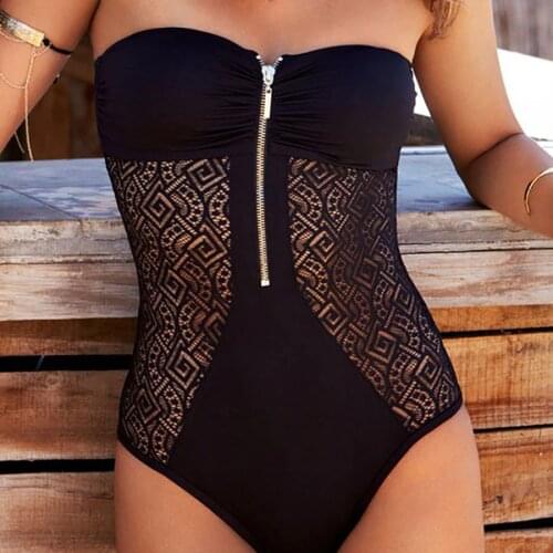 Black Vintage One Piece Swimsuit Women Swimwear 2018 Splicing Mesh Sheer Monokini Zipper Bathing Suit Push Up Bodysuit Beachwear