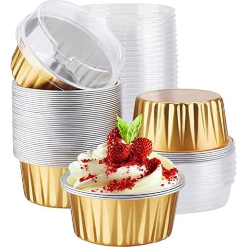 Dessert Cups with Lids Gold Aluminum Foil Baking Cups Holders Cupcake Bake Utility Ramekin Clear Pudding Cups