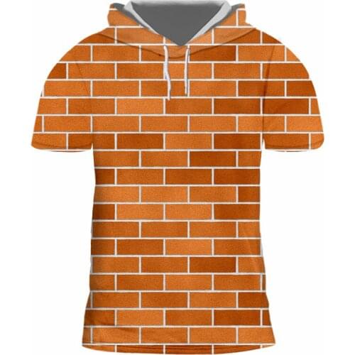 IFPD EU Size New Casual Hip Hop Red Brick Wall Tshirt Men 3D Printed Hooded T-shirts Brick Splicing Plus Size Tops With Cap