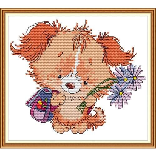 Dogs and flowers Paintings Cross Stitch Printed Canvas DIY Hand Made Embroidery Sets for Needlework DMC Cotton Thread Crafts