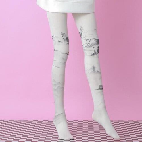 Chinese Ink Crane Print Pantyhose