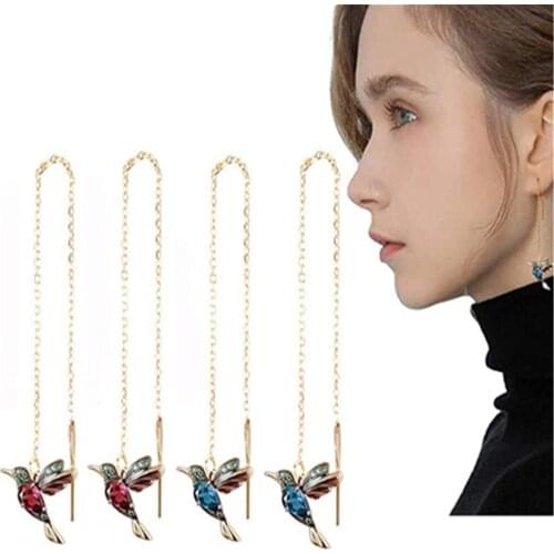 Hummingbird Tassel Earrings for Women Fashion Simulation Stud Threader Long Drop Tassel Crystal Dangle Charm Jewelry Gift