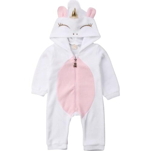 0-24M Newborn Baby Girl 3D Unicorn Flannel Romper Jumpsuit Zipper Hooded Long Sleeve Playsuit Autumn Winter Outfit Clothes 0-24M