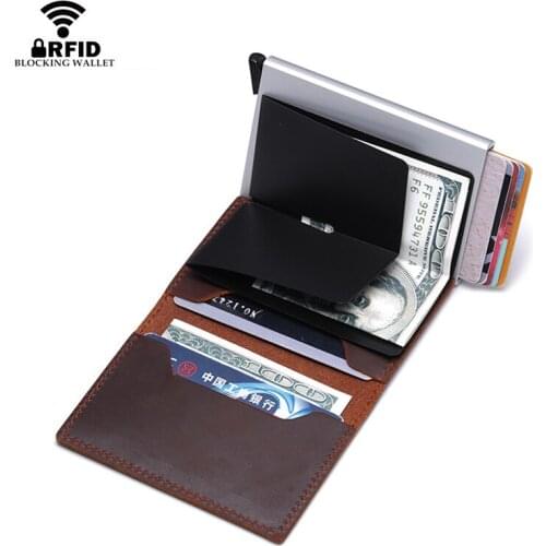 BISI GORO 2020 Genuine Leather Wallet Non-scan Slim Vintage Wallet Metal Blocking Credit Card Holder With RFID For Drop-shipping