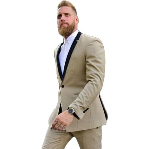 Handsome Khaki Blazer Coat Trousers Set Mens Working Suit Pary Dress Slim Fits Groom Tuxedos (Jacket+Pants+Bow Tie) W:504