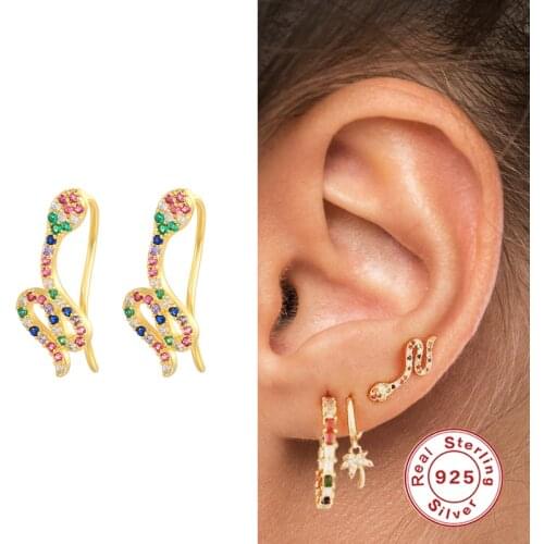 Aide 925 Sterling Silver Rainbow Zircon Snake Earring Climber For Women Delicate Crystal Line Ear Crawlers Rock Punk Jewelry