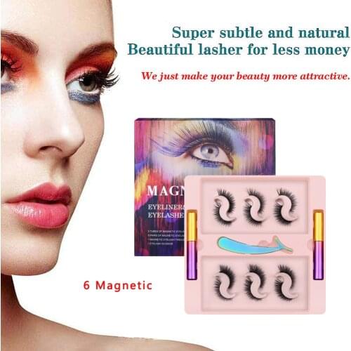 NEW Magnetic Eyelashes 6 Magnets Faux Cils Naturel Lashes Makeup Set Female Maquillaje Fashion Liquid Eyeliner With Tweezers