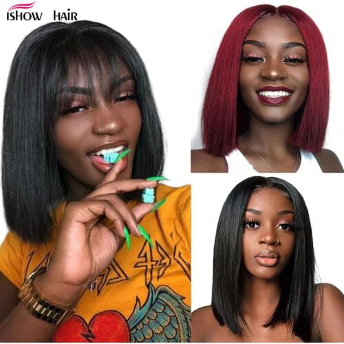 Ishow Bob Lace Front Wigs With Bangs 99J Lace Part Wig Red Bob Wig Straight Lace Front Human Hair Wigs Short Bob Wigs For Women