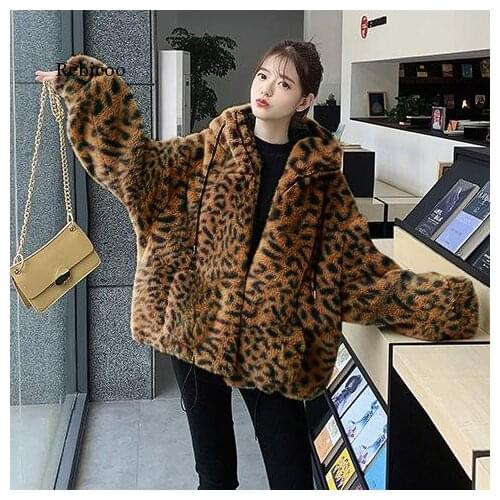 Women Faux Fur Coats Clothing Thick Winter Plus Size Loose Warm Outwear Imitation Mink Fleece Casual Leopard Hooded Jacket Parka