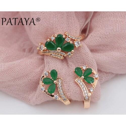 PATAYA New Fashion Women Wedding Party Jewelry 585 Rose Gold Micro-wax Inlay Green Water Drop Natural Zircon Earrings Rings Sets