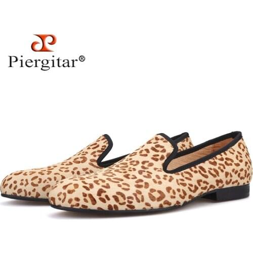 Piergitar 2019 New Horsehair Leopard Print Men Suede shoes Handmade party Mens Loafers Smoking Slipper Men Flats plus size