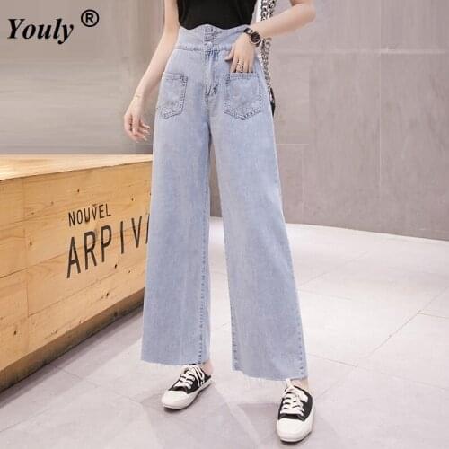 Casual Straight Wide Leg Jeans Woman Slim Denim Loose Straight Pants Double-breasted Jeans High Waist Long Pants Women Plus Size