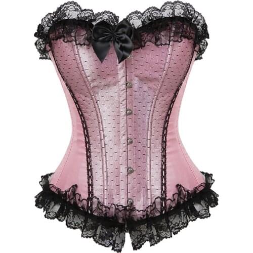 Sexy Womens Satin Lace Trim Overbust Corset Burlesque Corsets and Bustiers Lingerie Tops Waist Cincher Plus Size S-6XL