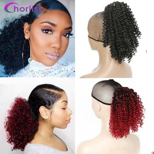 Synthetic African Puff Afro Kinky Curly Drawstring Ponytail Chorliss American Short Wrap Pony Tail Black Clip In Hair Extension