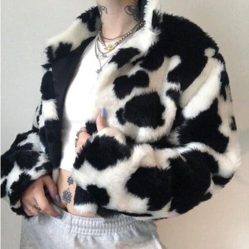 Punk Style Gothic Crop Faux Fur Coats Fashion Color Blocking Polka Dot Long Sleeve Women Cardigan Jackets Warm Streetwear 2021