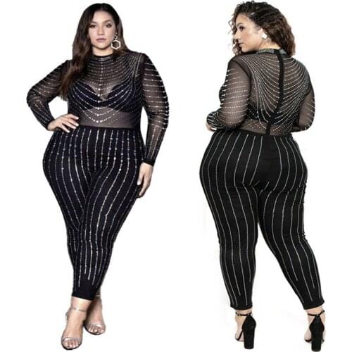 Plus Size Jump Suits for Women Wholesale Sexy Party Lady Mesh Diamonds Long Sleeve Bodycon Club Birthday Bodysuit Dropshipping
