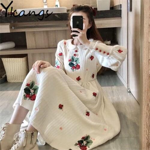 White Lace Vintage Elegant Embroidery Kawaii Dress French Style Women Robe Femme Spring Autumn Korean Peter Pan Collar Clothing