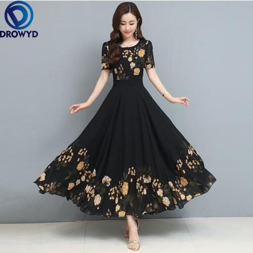 Fashion Boho Slim Chiffon Black Print Dress Women 2021 Summer Elegant O-neck Dress Retro Beach Holiday Party Dresses Vestidos