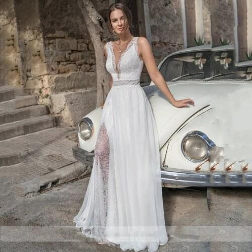 Boho Lace Wedding Dress Chiffon Sexy V Neck Open Back Vestido de Noiva Bride Gowns Side Split 2021 Floor Length robe de soiree