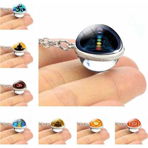 7 Chakra Healing Chain Necklace Yoga Meditation Double Side Glass Crystal Ball Pendant Necklaces Chakra Jewelry