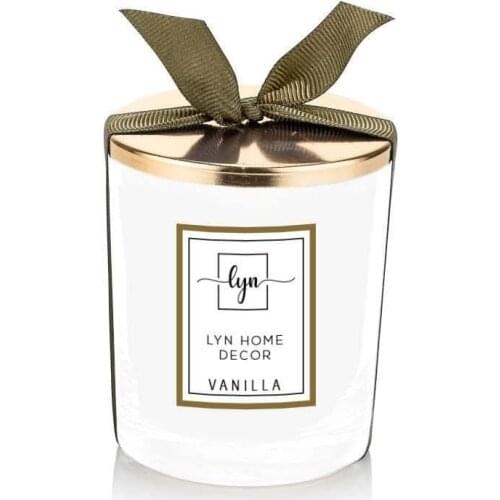 Home Decoration Accessories Vanilla Scented Glass Cup Candle With Gold Metal Lid Green Ribbon