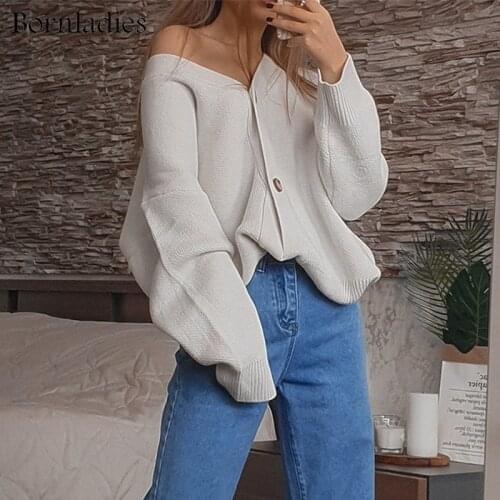 Bornladies Winter Spring Womens Sweaters V-Neck Buttons Cardigans Oversized Fashionable Knitted Jacket Korean Lady Knitwears