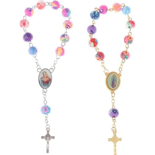Colorful Polymer Clay Bead Rosary Pendant Bracelet Alloy Cross Virgin Mary Centrepieces Christian Catholic Religious Jewelry 8mm