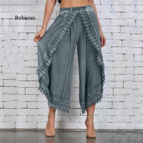 Lady Wear Mori Girl Elastic Waist Lace Crochet Wide Leg Pants Calf-length Cotton Trousers Hippie Boho Women Capris Pants