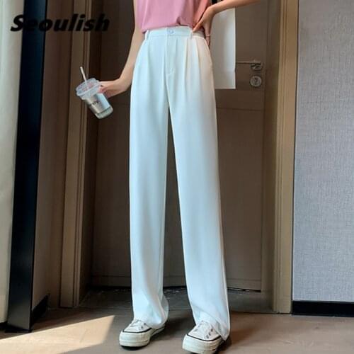 Seoulish 2021 New Summer Autumn White Womens Wide Leg Pants High Waist Elegant Long Pants Work Casual Loose Trousers Female