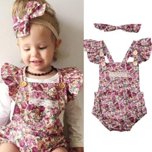 0-24M Toddler Kid Baby Girls Clothes Floral Lace Clothes Jumpsuit Short Sleeve Bodysuit Outfit Set