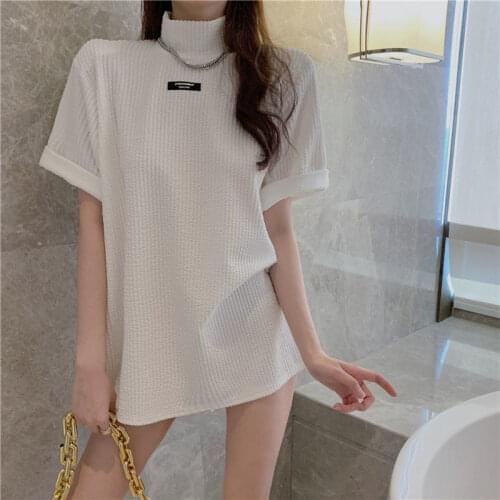 EasyGarment 2021 Spring Autumn Turtleneck Foam Women T-shirt High Collar Streetwear Girl Tee