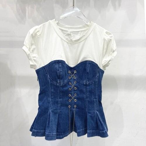 Patchwork Denim T Shirt For Women O Neck Short Sleeve Loose Casual Lace Up T Shirts Females Summer Fashion Shirts