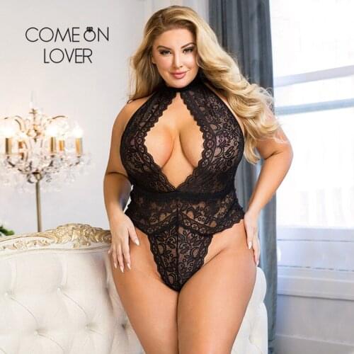Comeonlover Fashion Womens Lace Bodysuit 5XL Big Size Sleeveless Solid Color Lace Halter Print One Piece Femme Erotic Teddies