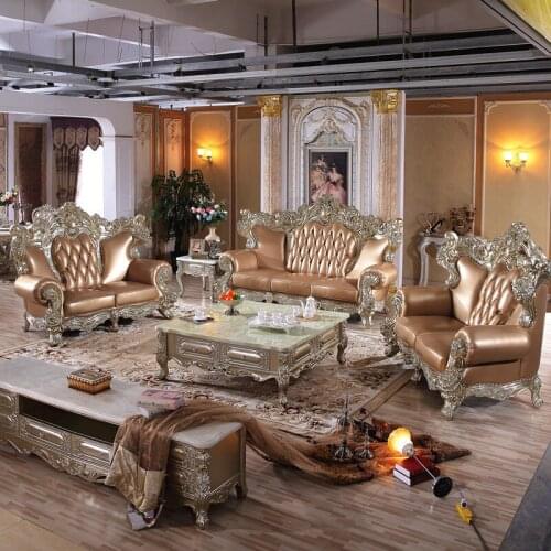 European-style Leather Sofa High-end Luxury Living Room Villa First Layer Cowhide Leather Solid Wood Carving 1+2+3 Combination