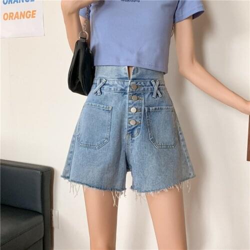 Buttons Summer Denim Shorts Women High Waist Wide Leg Short Pants Loose Korean Streetwear Tassel Pockets Jeans Shorts