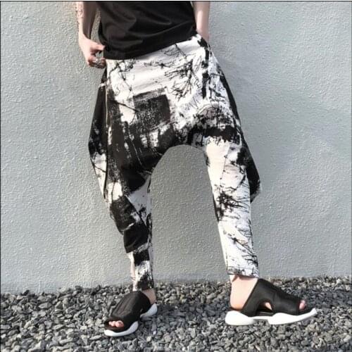 Summer Mens Harem Pants Youth Low-grade Trousers Ink Printing Trousers Loose Cotton And Linen Casual Pants Hairstylist Costumes
