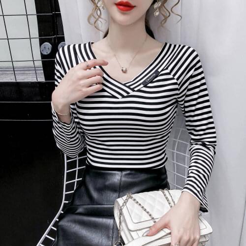 Fashion Cotton T-shirt Women 2021 Spring Summer Stripe Elegant Tee Plus Size Long Sleeve Slim T Shirts Basic Ladies Tshirts D119