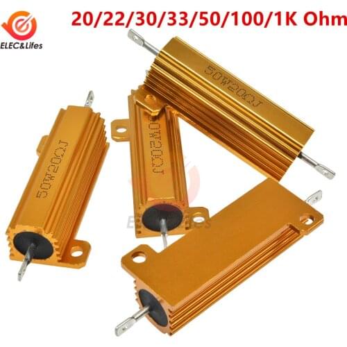 50W Power Oxidized gold plated Aluminum Shell Wirewound Resistor resistance 20/22/30/33/50/100/1K Ohm 5% Precision DIY