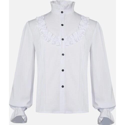 White Ruffles Stand Collar Lantern Sleeve Victorian Style Medieval Shirt Gothic Clothes Men Vintage Top Banquet Party Daily Wear