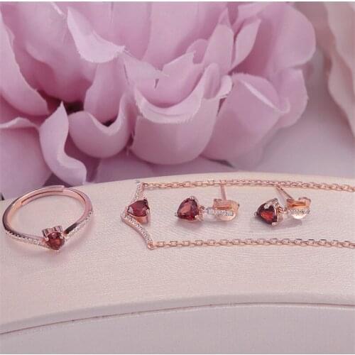 100% Natural Garnet Fine Jewelry Sets for Women 925 Silver Heart Love Red Gemstone Ring Necklace Bracelet Bijoux CCV004-1