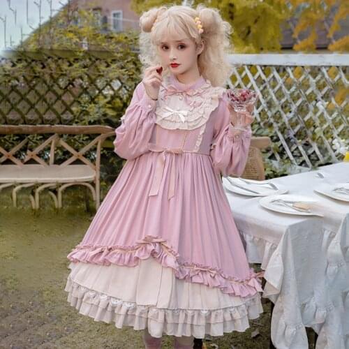 Japanese Style Kawaii Lolita Dress Girl Gothic Vintage Victorian Long Sleeve High Waist Bowknot Ruffled Lace Party Dress Costume