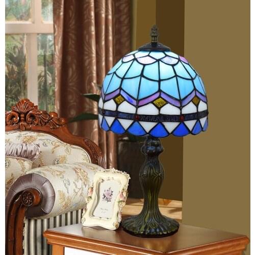 Simple European blue Mediterranean creative Tiffany stained glass bedroom bedside lamp 20CM small lamps