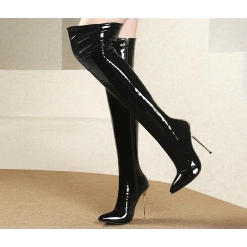 Newest Woman Black Red White Patent Leather Over The Knee Plush Boots Female Zipper Iron Stiletto Heels Thigh High Boots Shoes