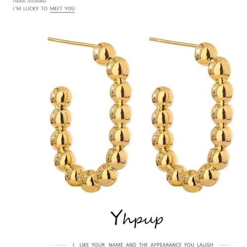 Yhpup 2021 Copper Bead Geometric Stud Earrings Minimalist Gold Color Metal 14 K Plated Stylish Earrings for Women бижутерия