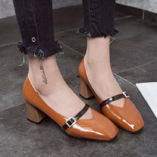 New fashion all-match square toe retro shallow mouth single shoes British style mid-heel small leather shoes womens shoes